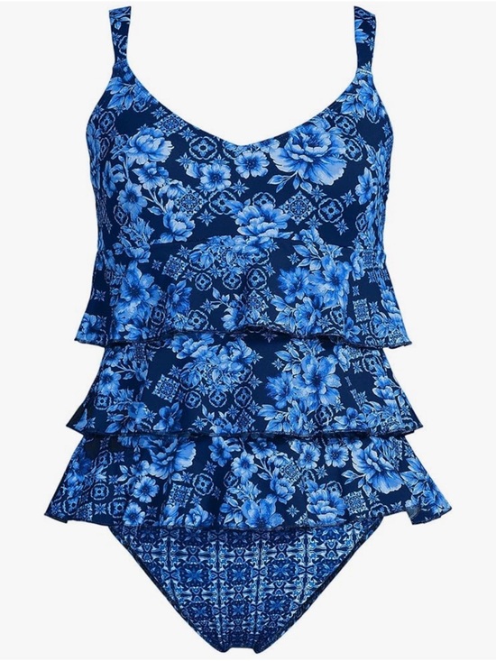 Lands' End Other - NWT Lands End Smoothing Control Ruffle Fauxkini 1 Piece Swimsuit Navy Floral 8L